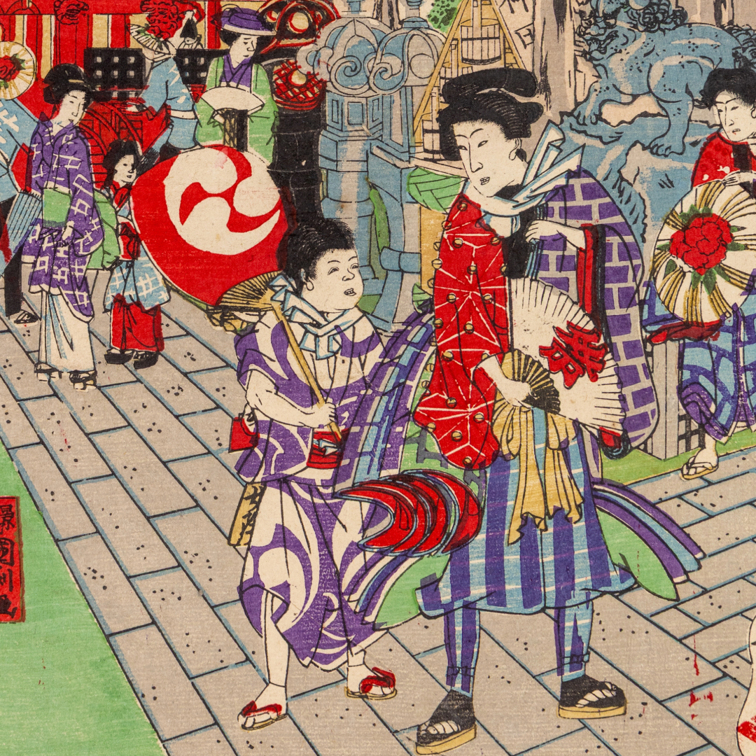 Japanese Ukiyo-e Woodblock Print Meiji Tokyo Kanda Shrine Festival Scene