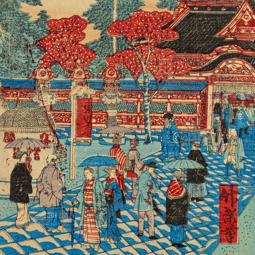 Antique Meiji Ukiyo-e Japanese Woodblock Print Hasegawa Chikuyo Ueno Toshogu