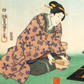 Antique Meiji Ukiyo-e Japanese Woodblock Print Toyokuni III Tea Ceremony Bijin