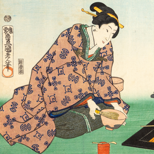 Antique Meiji Ukiyo-e Japanese Woodblock Print Toyokuni III Tea Ceremony Bijin